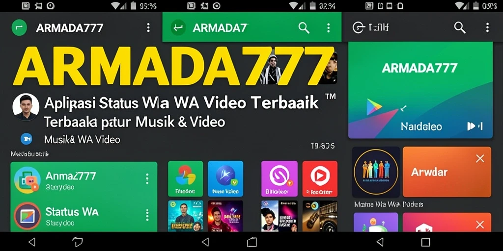 Antarmuka aplikasi ARMADA777 dengan pilihan video status musik yang beragam.