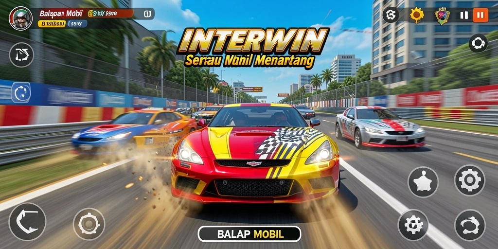 Tampilan antarmuka dan fitur utama game Balap Mobil INTERWIN.