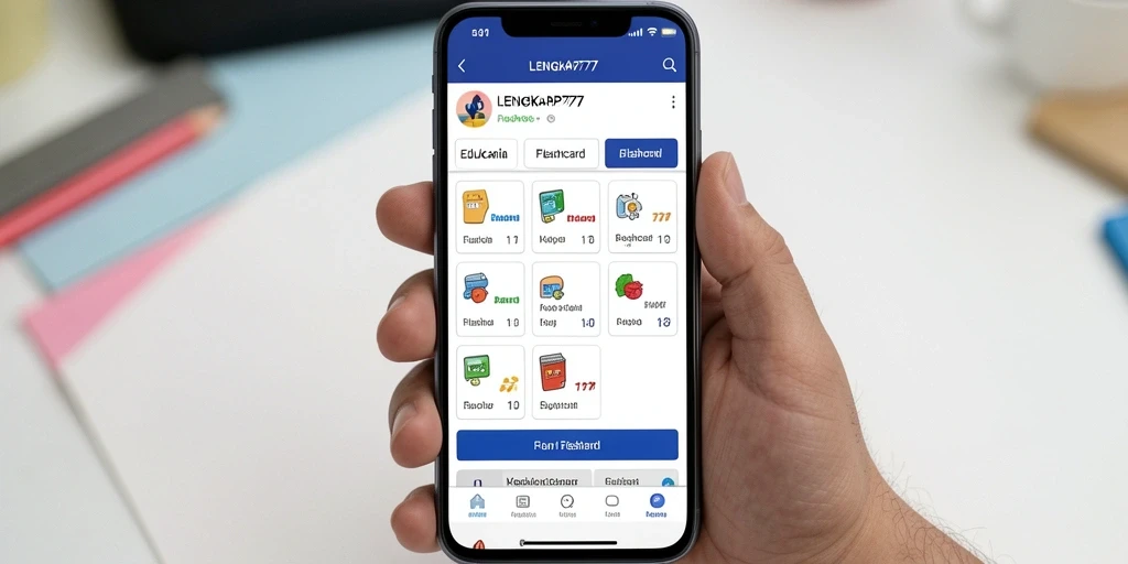 Antarmuka aplikasi LENGKAP777 dengan berbagai flashcard untuk belajar.