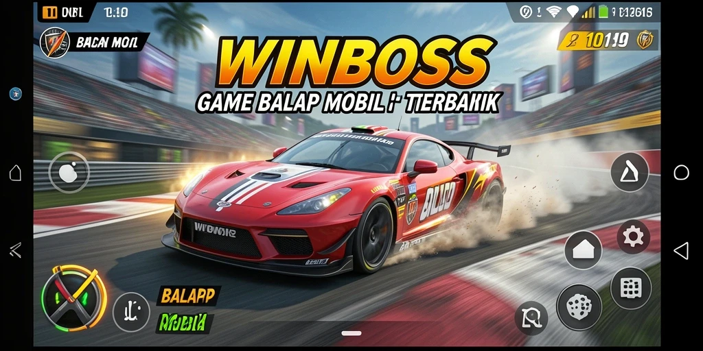 Antarmuka <strong>WINBOSS</strong> menampilkan mobil balap keren dan lintasan menantang.
