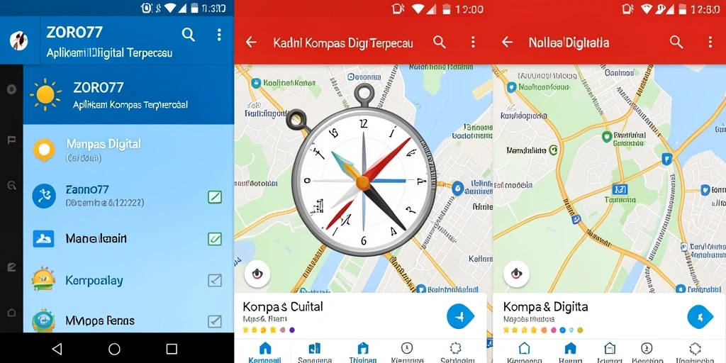 Antarmuka aplikasi ZORO77 yang modern dan fungsional sebagai Kompas Digital.